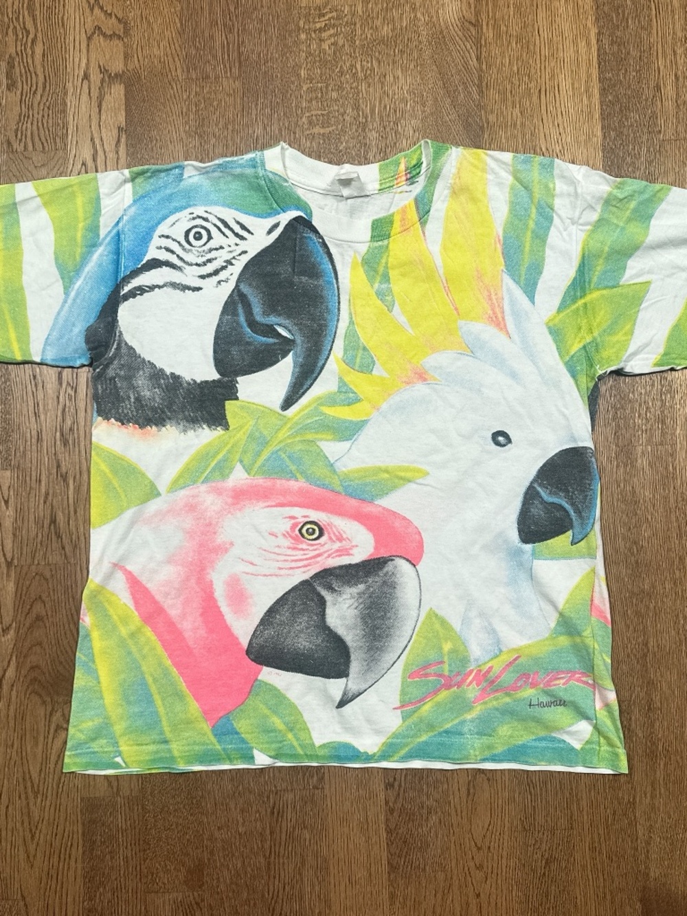 Vintage 90s Sun Lover Toucan All Over Print Bird Single Stitch T Shirt Mens L